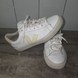 Veja Women's White Leather Sneakers with Cream V Accent
